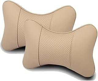 ECONOUR Car Neck Pillows Both Side Pu Leather 2pieces Pack Headrest Fit for Cars Filled with Fiber Universal Car Pillow Model -112 Beige for Rapid